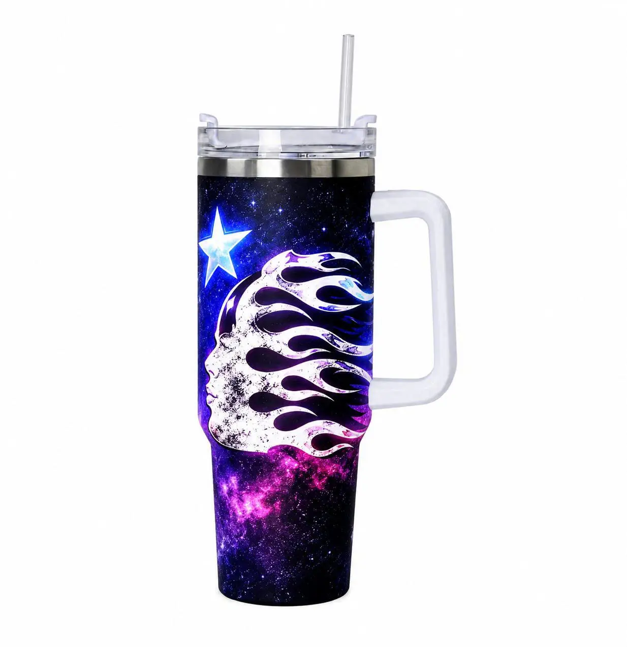 40oz Hellstar Flame Face Tumbler with Handle & Straw, Stainless Steel Vacuum Insulated Travel Mug, Galaxy Graphic Cup, Keeps Drinks Hot & Cold