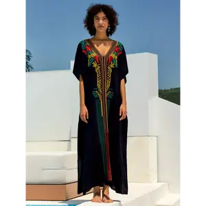 Bohemian style Moroccan Kaftan Dresses For Women Plus Size Caftans Loungewear Embroidered Beach Kaftan Cover Up Mumu House Dress