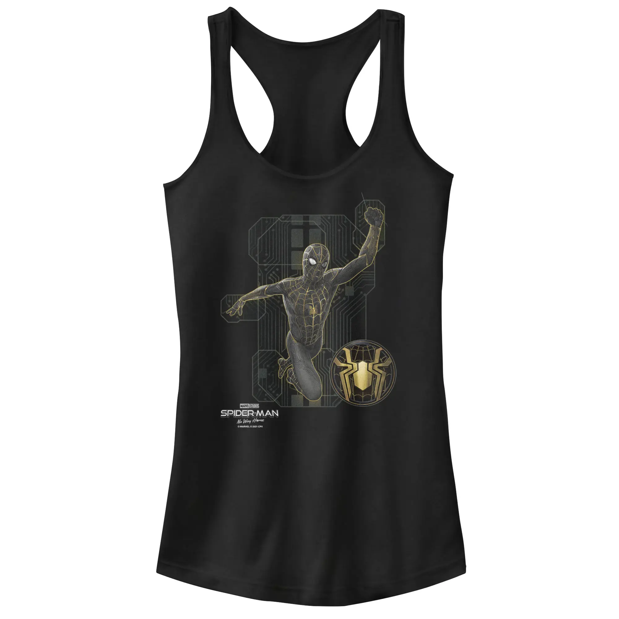 Juniors Womens Marvel Spider-Man: No Way Home Black Suit Tech Racerback Tank Top