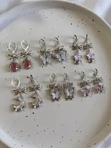 6 Pairs Sweet Girl Style Earrings, Bow Rhinestone, Butterfly, Star Moon Pendant, Elegant Drop Earrings for Women, All Seasons