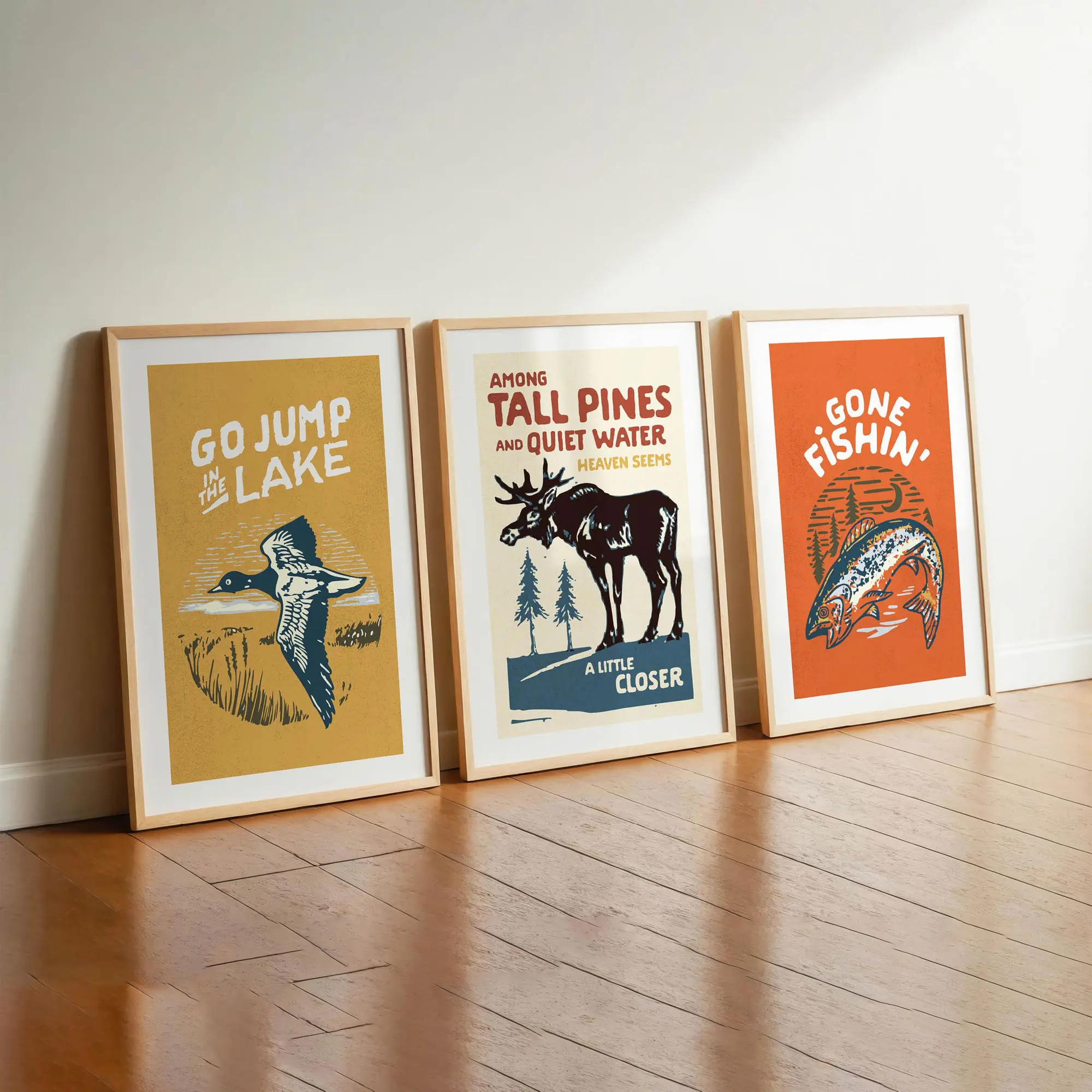 Retro Nature Poster Set of 3, Wilderness Wall Decor, Rustic Cabin Lake House Prints, Outdoor Landscape Home Decoration Gift