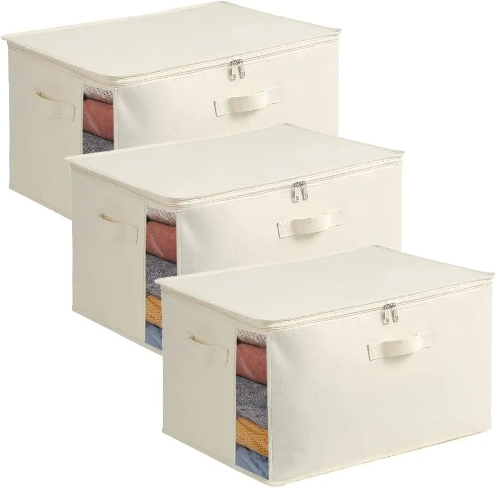 2/3-Pack Large Eco-Friendly Versatile Canvas Storage Bags - Closet Storage Organization, Dual Zipper Clothes & Sweater Organizer, 3 Carrying Handles for Under-Bed, Travel & Organization Tips
