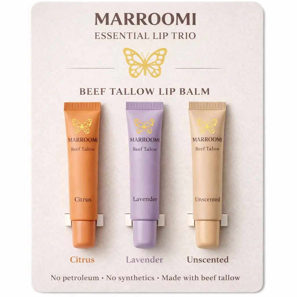 MARROOMI Beef Tallow Lip Balm Set, 3-Piece Daily Lip Moisturizer to Hydrate and Soften, with Citrus, Lavender & Unscented Options, Luxury, Moisturizing, Clean, Hydration, Natural Oil, Essential Trio, Three Pieces