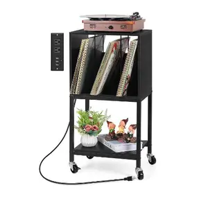Record Player Stand with Storage, Turntable Stand with Record Storage Vinyl Record Storage with Charging Station 3 Tier Record Player Table Cabinet Black Nightstand with USB Ports and Outlets