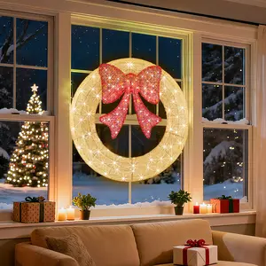 Christmas Wreath with LED Lighted, Holiday Outdoor Decoration with Bow for Door, Mantel, Windows, Wall, Front Door Decor