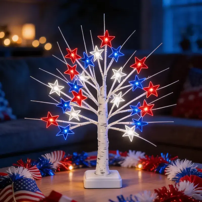 Patriotic Plastic 2-Piece Decorative Light Set - 24 LED Lights, 8 Flashing Modes, Red/White/Blue Star Independence Day Design, Ideal for Holiday Decorations, Outdoor Courtyards, Living Room Ambiance