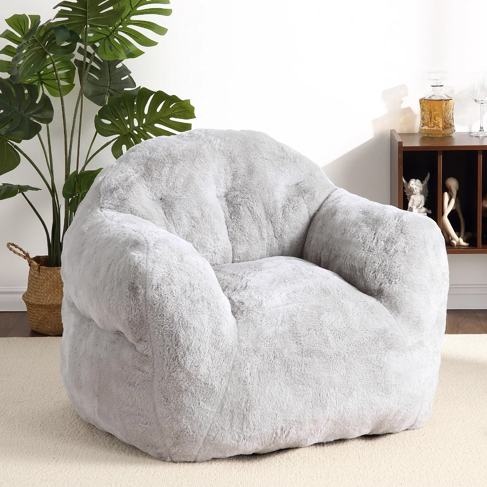 Compact Faux Rabbit Fur Bean Bag Chair with Backrest and Armrests – High-Density Foam, Cream White, Navy, or Light Grey