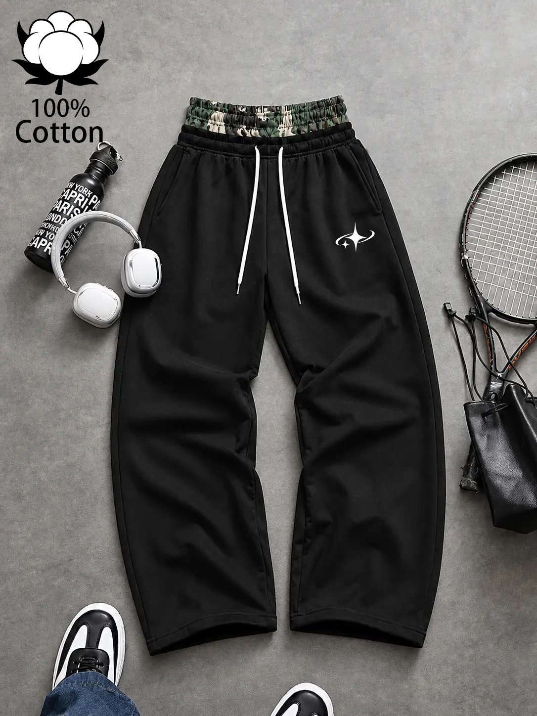 Unisex Camo Double Waistband Sweatpants, Low Rise Baggy Straight Leg Jogger Pants with Drawstring, Y2K Streetwear Casual Athletic Trousers for Men and Women, Loose Fit Everyday Workout Lounge Pants, Trendy Hip Hop Outdoor Sportswear, All Season Essential.