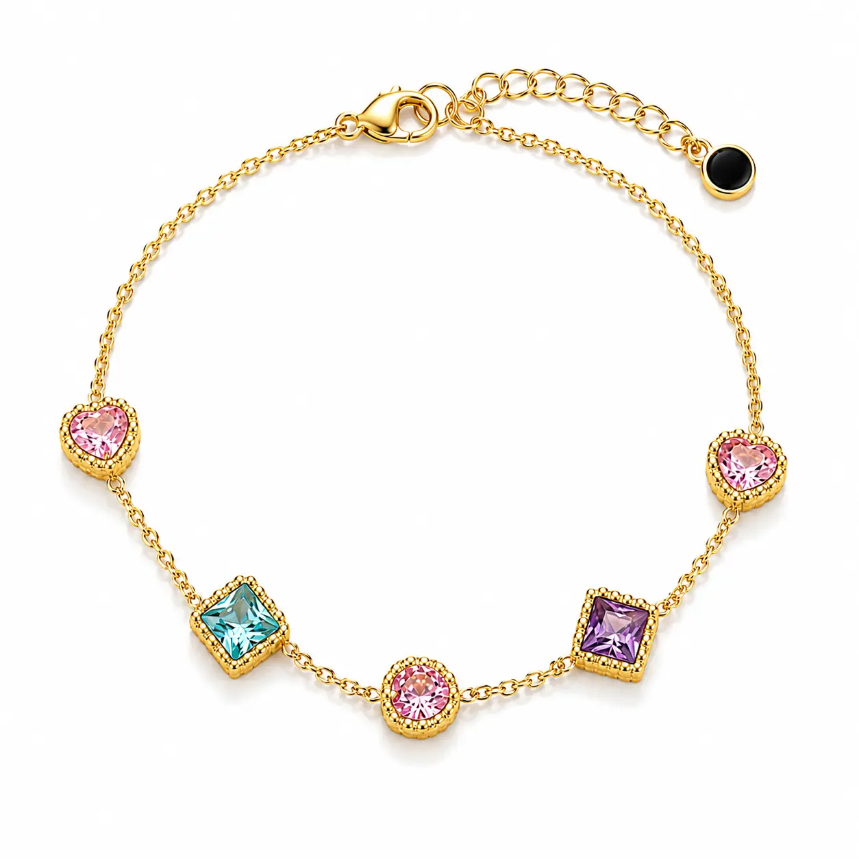 Women's Brilliant CZ Stones Bracelet - Durable & Comfortable Gold Chain with Heart-Shaped and Square-Cut Crystal Charms, Female Versatile Daily Accessory for Birthday Gifting