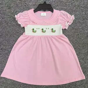 Duck Embroidery Pink Girls Summer Knee Length Smocked Dress