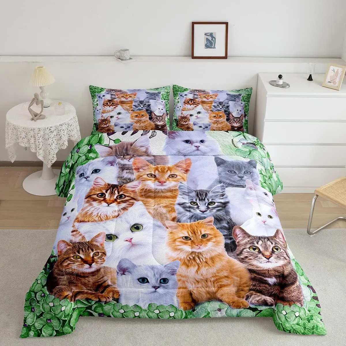 Feelyou Full Size Comfy Decorative Microfiber Cat Bedding Comforter Set, Floral Green Feline Kitty Quilt Set for Warm Bedroom Home Decor, Comfy Bedding Set, Decorative Bedding Set