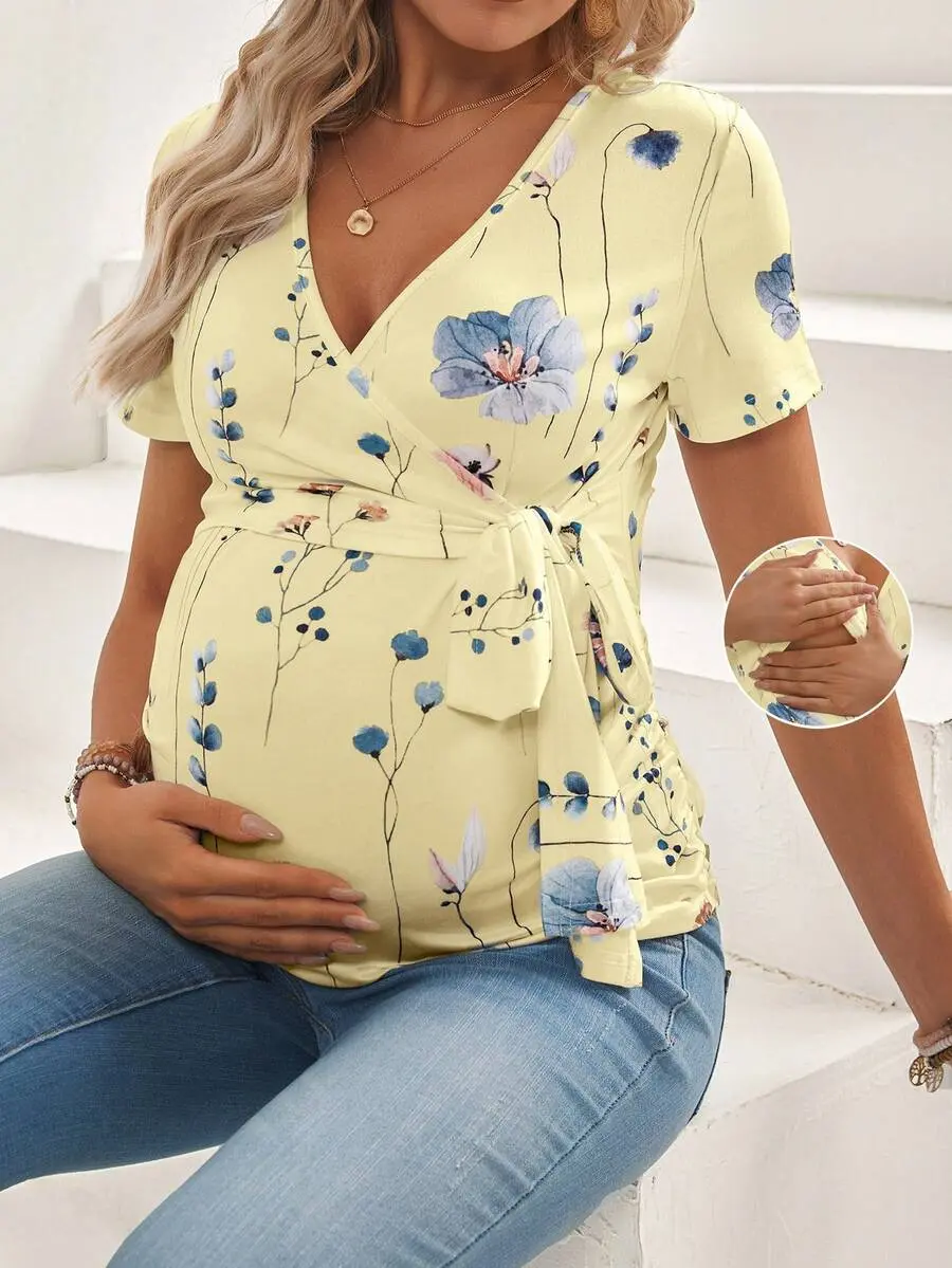 Maternity V-Neck Floral Print Casual Short Sleeve T-Shirt With Nursing Function, Daily Wear