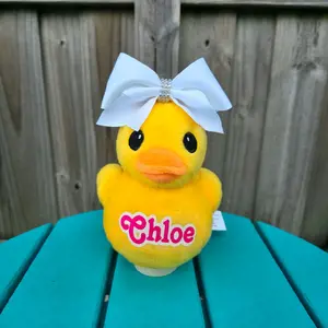 Made-to-Order Personalized Cheer Duck Plushie- Stiff Bow with Rhinestone Center - Custom Name - Made to Order - Plush Toy