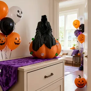 LED Wizard on Pumpkin Statue, Gothic Halloween & Dia de Muertos Decor, Mystical Desk Figurine, Reusable Glowing Resin Sculpture for Themed Room