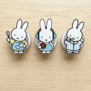 Cute Daily Life Miffy Phone Grip & Badge Reel - Baking, Music & Bedtime Routine Rabbit Accessories - Kawaii Acrylic Character Name Tag Clip and Kindle Grip