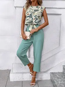 【2-piece set】Women's Tropical Plant Print Tank Top Set, Casual Pocket Pants, Summer Fashion Holiday, Comfortable and Stylish