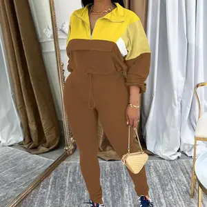 Chic Women's Two Piece Outfits Knit Zip Top Jacket & Elastic Waistband Pant Tracksuit Sets 2-piece Pink Blue Colorblock