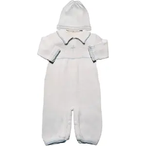 Boy's White Cotton Knit Christening Baptism Longall w/White, Blue, or Gold Cross and Hat