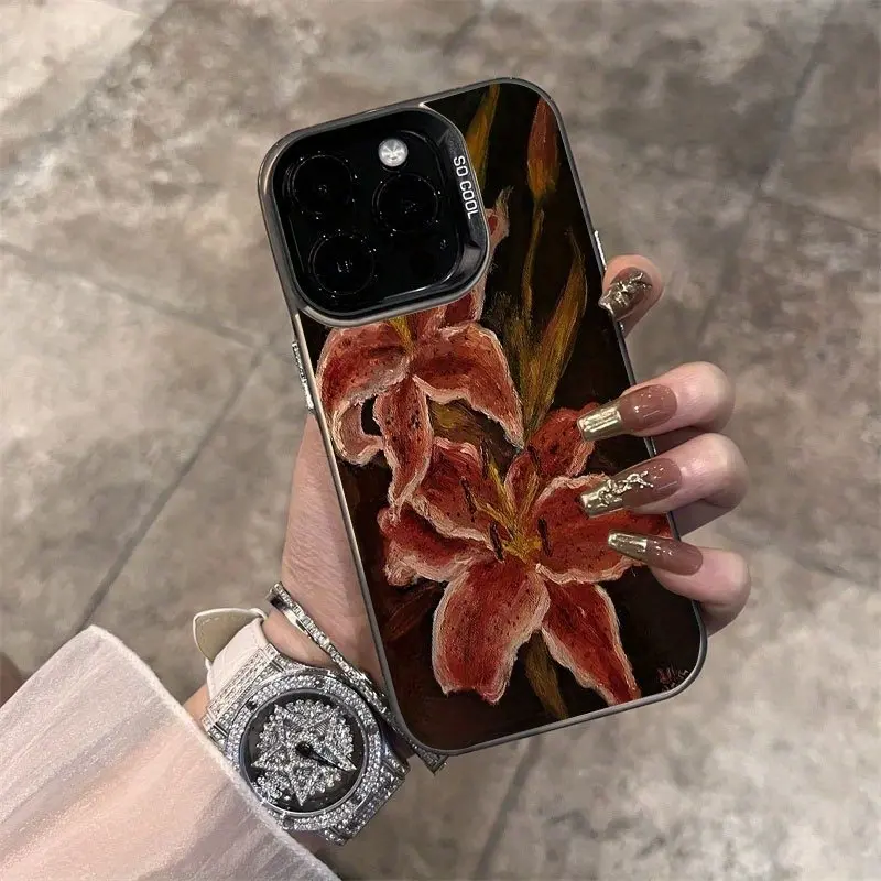 Oil Painting Lily Flower Laser Phone Case - Protective Smartphone-Cellphone Cover, Handheld Devices Accessory for iPhone 7,8,X,XS,XR,SE,11,12,12 Mini,12 Pro Max,13,13 Mini,13 Pro Max,14,15,16 - Ideal for Christmas, Birthday Gifting
