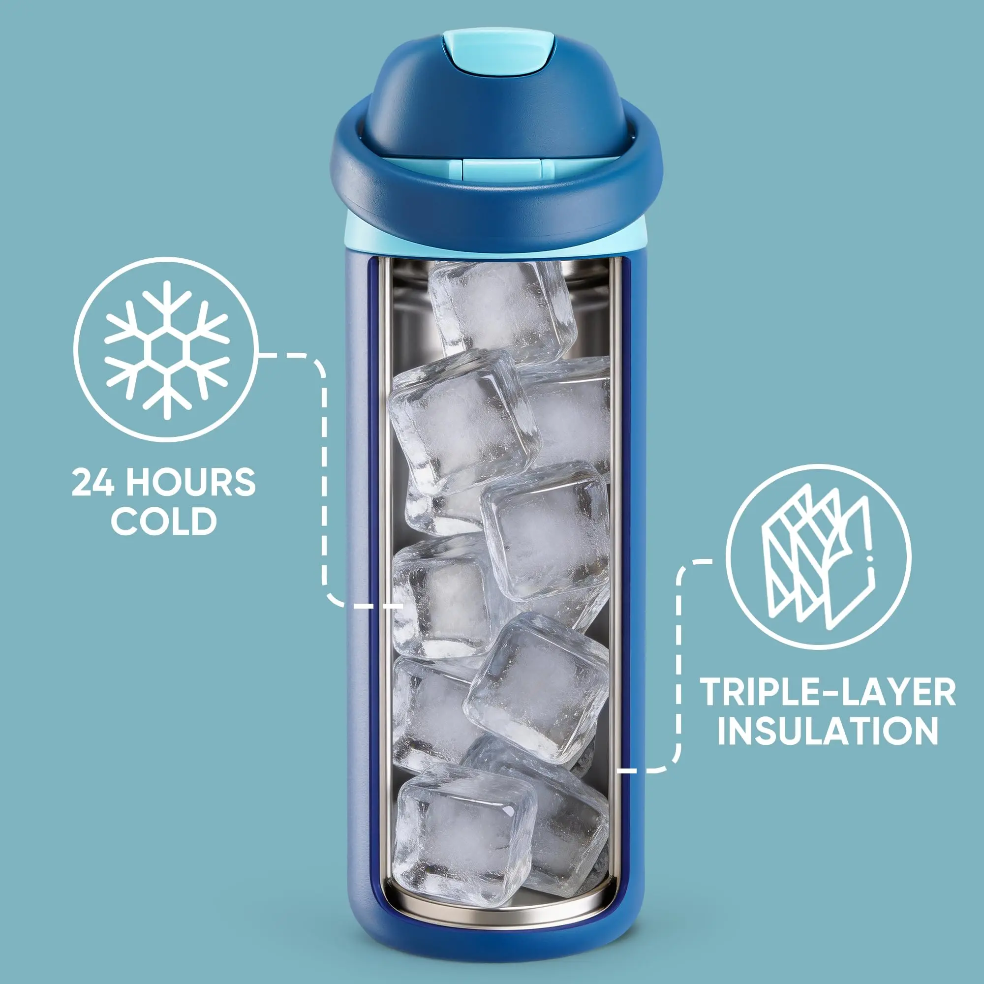 18/24 oz Insulated Water Bottle, Stainless Steel Water Bottle with 2-in-1 Straw and Push-Button Spout Lid, Keeps 24 Hours Cold, Double Wall Vacuum Leak-Proof & BPA-Free for Sports, Travel