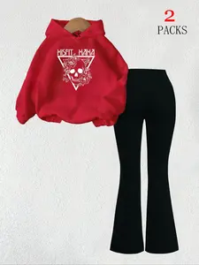 Women's Warm Sweatshirt Set + Slim Fit Flare Pants, Halloween Skull Floral Print, Casual Fashion, Fall & Winter Wear
