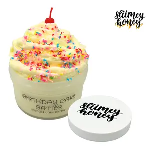 Sliimeyhoney 6oz Sensory Birthday Cake Batter Scented Cloud Cream Slime with Faux Sprinkles & Cherry Charm