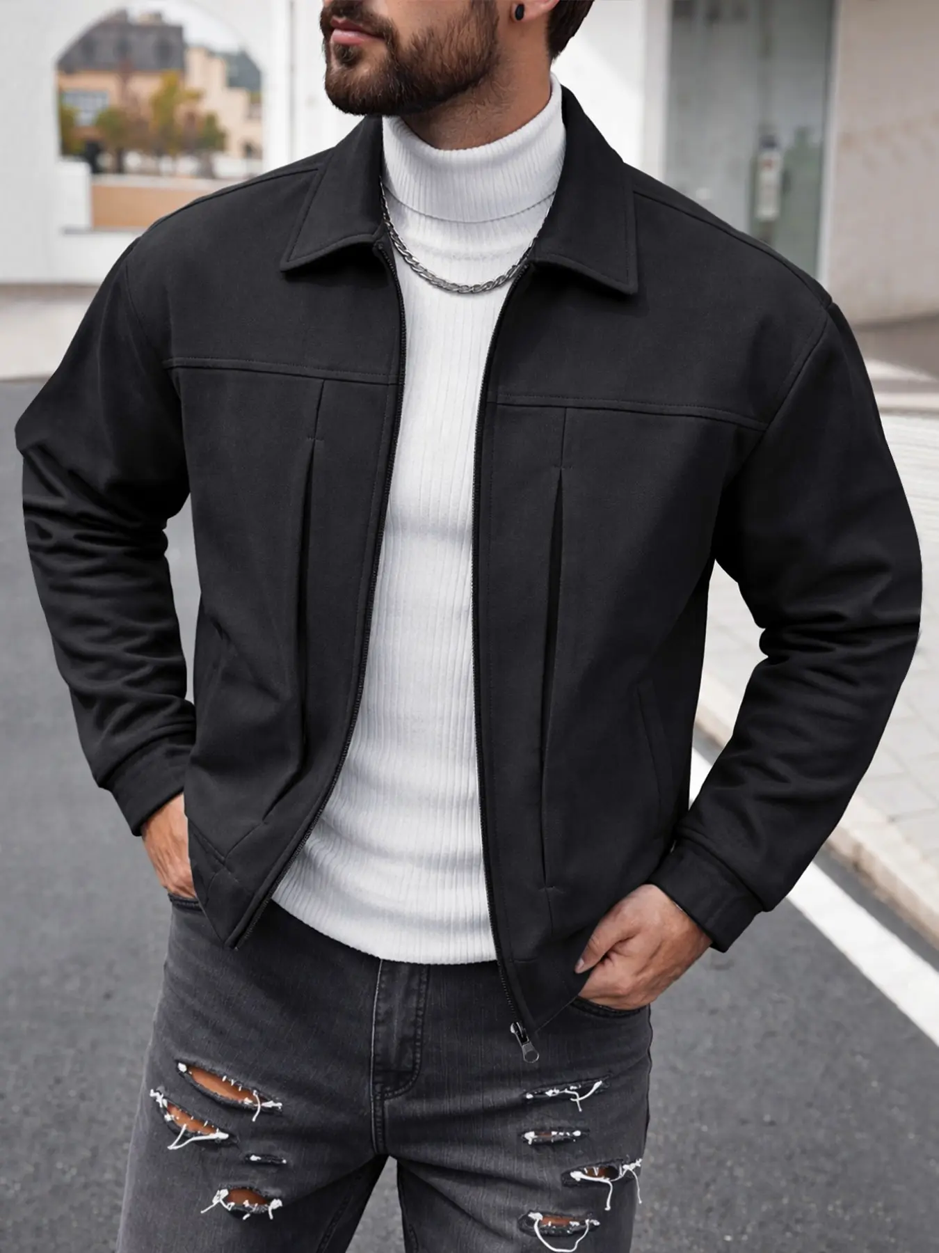 Men's Solid Color Knit Cardigan Sweater, Collar Design, Comfortable Skin-Friendly Fabric, Zipper Closure, Casual Fashion Outerwear