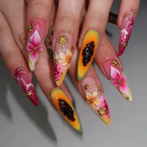Tropical Press on Nails with 3D Papaya, Flower & Palm Tree | 3D Fake Nails in Long Stiletto | Bright Handmade Nail Art for Summer, Trip