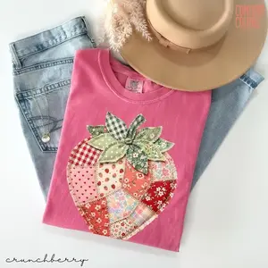 Comfort Colors® Faux Patchwork Strawberry T-Shirt, Quilted Farmhouse Berry Tee, Rustic Gingham Floral Design, Cottagecore Aesthetic Patchwork Custom Name Shirt T-shirt