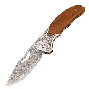 Compact Damascus Steel Pocket Kitchen Knife with Carved Bolster, High Hardness Blade for Food Prep & Outdoor Use