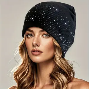 Acrylic Beanie Hat Adorned with Rhinestones, Featuring a Stretchy And Lightweight Design. This Warm Hat Showcases a Gothic NY Pattern, Perfect for Y2K Style Outdoor Wear. It'S Breathable And Elastic, Making It Suitable for Autumn And Winter