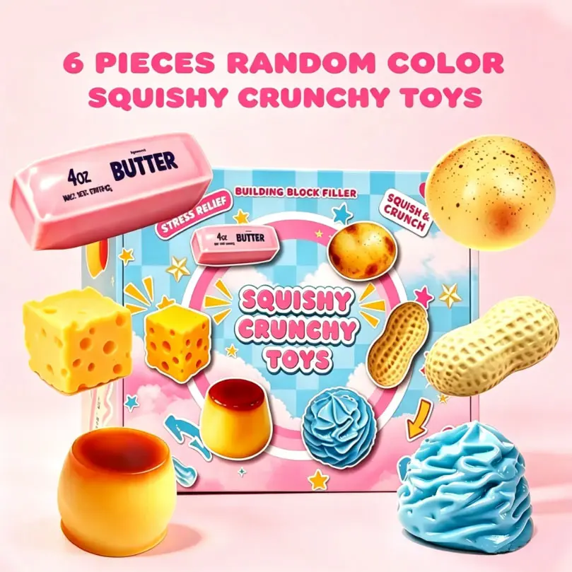 6-Piece Crunchy Squishy Mystery Box, Fun ASMR Stress Relief Set. Crunchy squishy stress balls, slow-rebound squishies. Great for hand relaxation, desk decor and party favors, suitable for boys and girls.