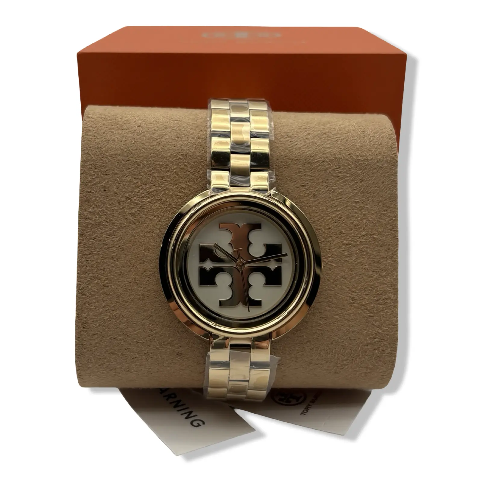 Pre-owned Tory Burch TBW6208 Miller Womens Gold Dress Watch, White Logo Dial, Stainless Steel Band B0CKTS7624