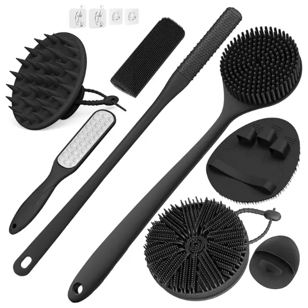 8PCS Silicone Shower Brush Set - Soft Exfoliating Bath Accessories for Men & Women, Including Body Scrubber, Scalp Massager, Toe Cleaning Brush & 4 Free Hooks (Black)