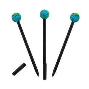 7" Black Plastic Pens with Earth-Shaped Toppers - 12 Pc.