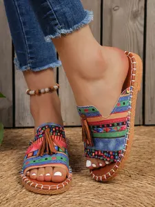 Colorful Striped Ethnic Style Sandals, Handmade Fringe Decoration, Soft Non-Slip Sole, Trendy Beach Slippers for Women, Footwear