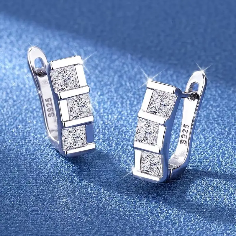 925 Sterling Silver Square Earrings with Diamond Inlay - High Elasticity, Lightweight, Versatile Birthday Gift for Girlfriends, Retro Style Silver Jewelry Accessory, Square Shape