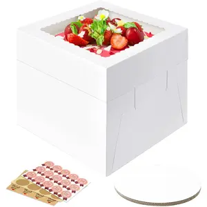 3 Pack Classic White Square Cake Boxes, 12x12x8 Inch Tall with Window, Disposable Cardboard Bakery Boxes for Cake Pastry Donuts Pies Cookies Wedding Birthday Party