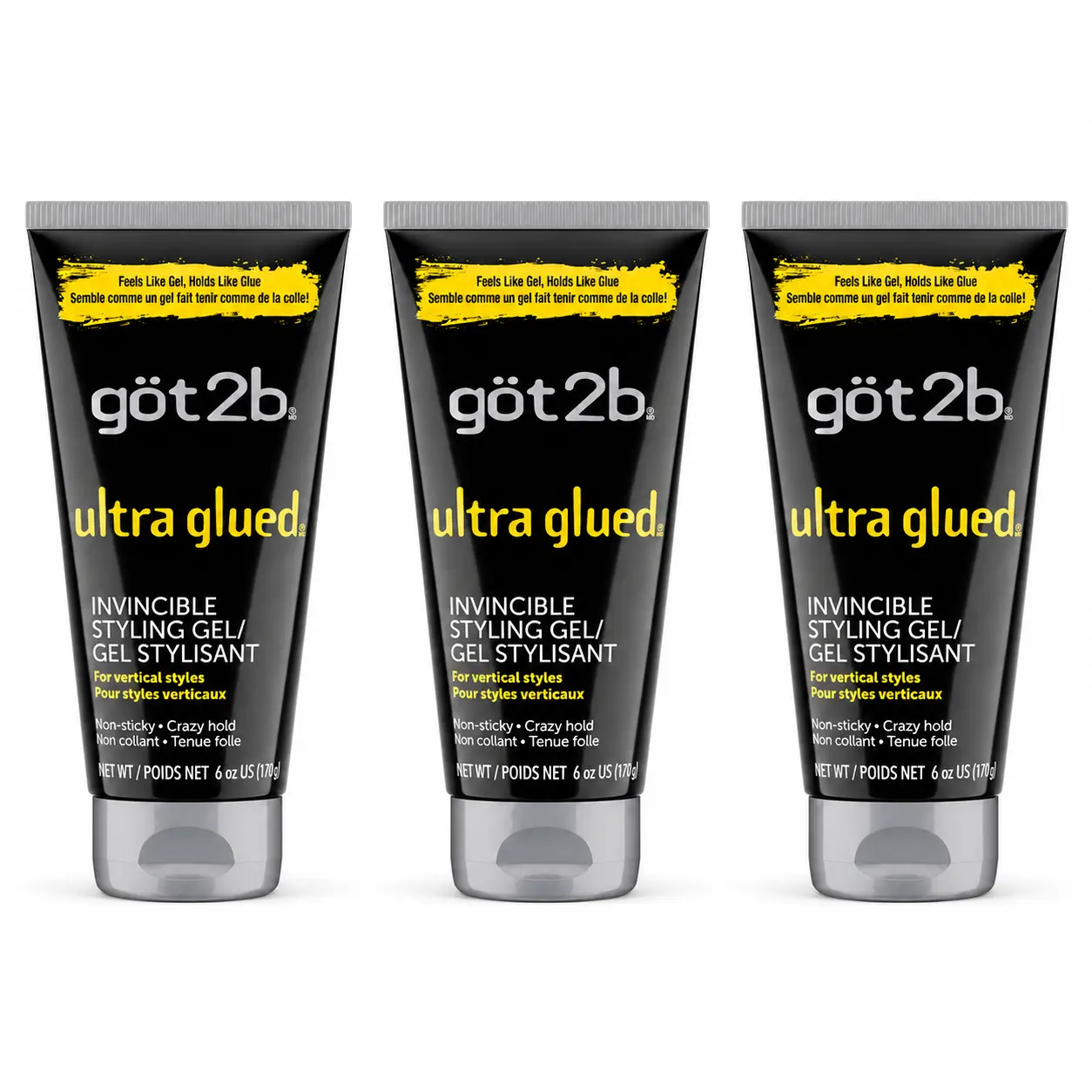 Got2b Ultra Glued Invincible Styling Hair Gel 6 oz (Pack of 3), Strong Hold Hair Gel Non-Sticky No-Flake Formula, Long-Lasting Hold for Men & Women