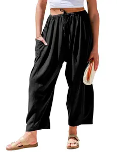 JointlyCreating Women's Linen Blend Wide-Leg Pants - Oversize, Casual, Loose-Fit Beach Pants with Pockets for Summer Vacation; Womenswear Bottom