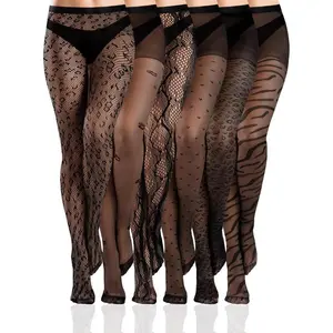6 Pairs Women Lace Tights Patterned Fishnet Thigh High Stockings Waist Bow Goth Leggings Tight Pantyhose For