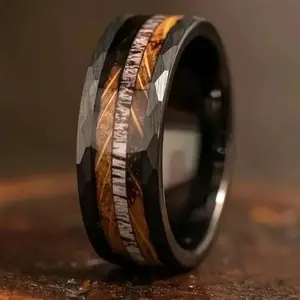 Whiskey Barrel Ring, Hammered Antler Ring, Burnt Whiskey Barrel Wood Grain and Antler, Wedding Jewelry, Valentine's Day