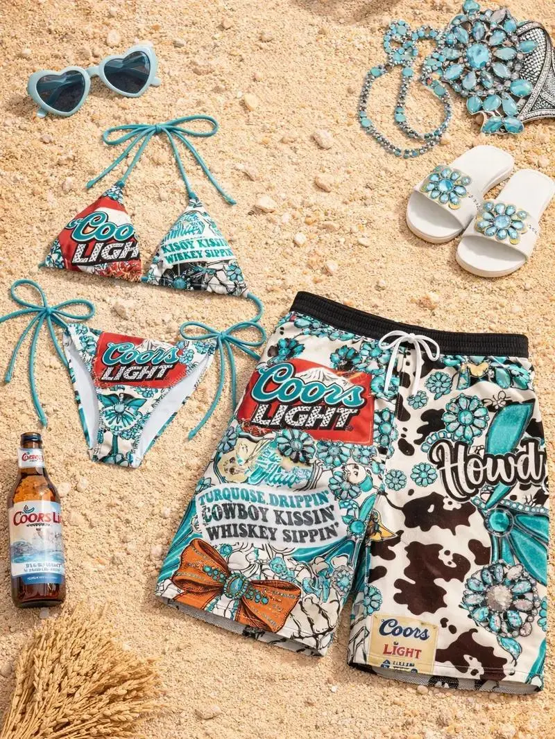Coors Couples Matching Swimwear  - Women's Tie-Side Thong Bikini, Men's Hawaiian Beach Shorts, Summer Vacation Aloha Outfit