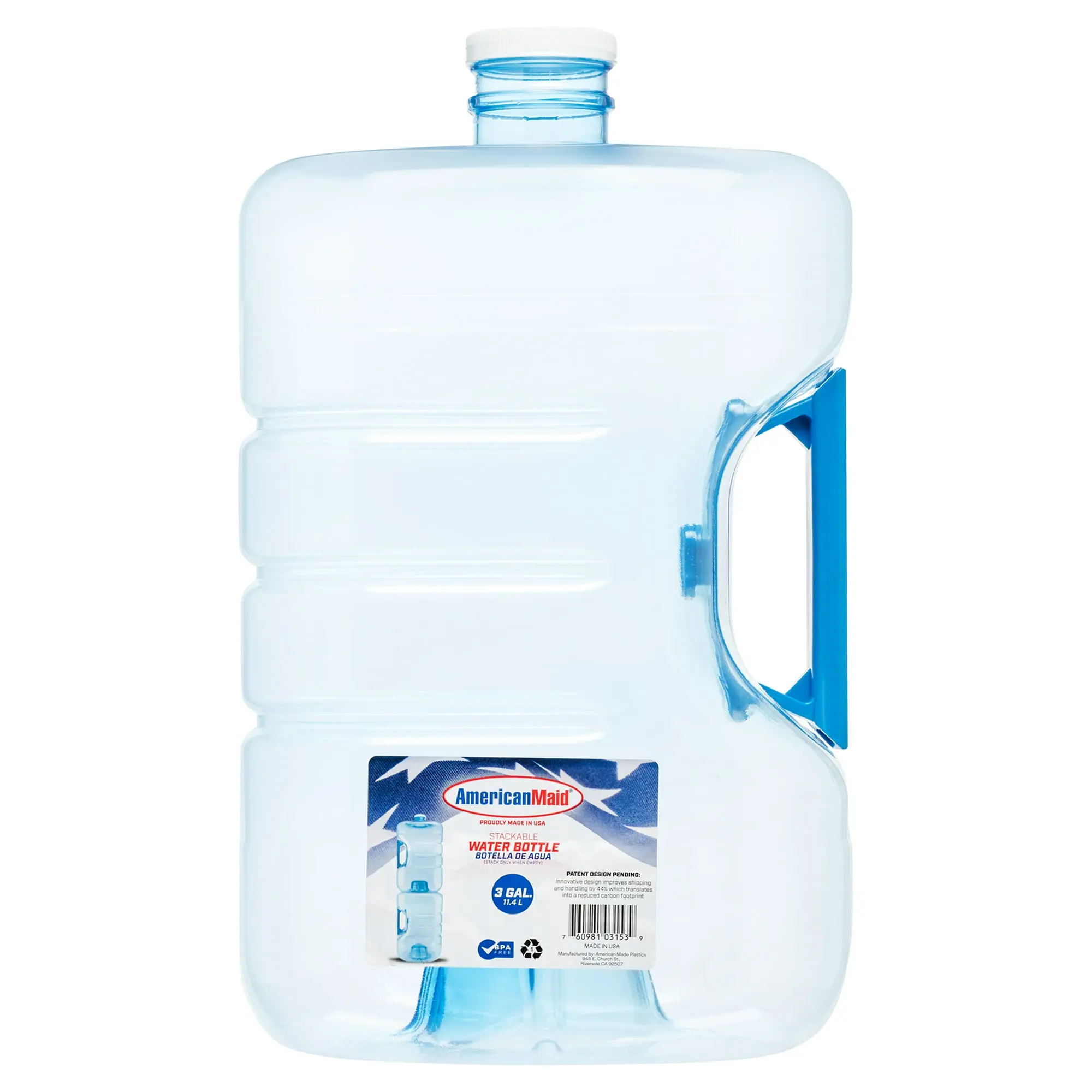 3 Gal Stackable Blue Water Container with White Lid - Refillable BPA-Free Water Jug with Handle for Emergency Preparedness & Storage