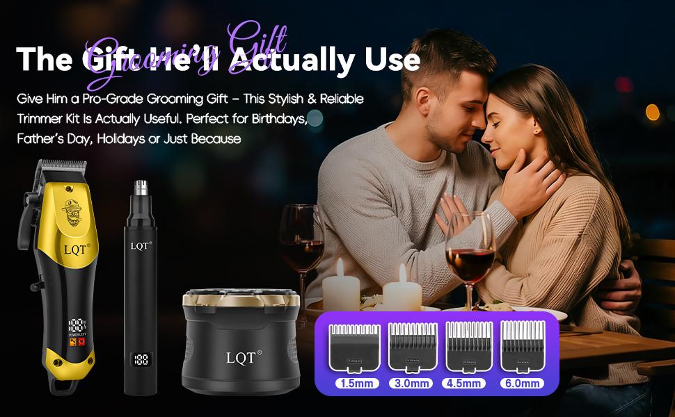 LQT Gold & Black 3-in-1 Men's Grooming Kit, Cordless Hair Clipper, Nose Trimmer & 6-Head Electric Shaver, Complete Rechargeable Barber Set for Head Shaving, Fades & Beard Styling