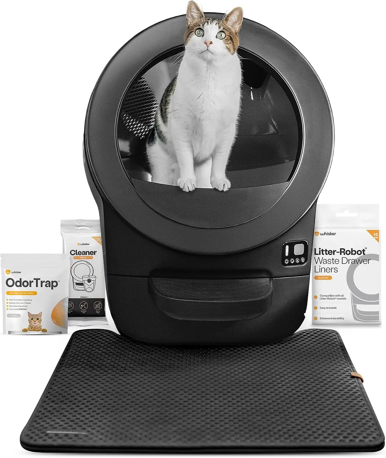 Whisker Litter-Robot EVO Bundle, Automatic Self-Cleaning Cat Litter Box, Black, Compact Space-Saving Design, Advanced Odor Control, Includes Mat and Supply Kit