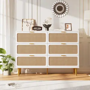 White 6 Drawer Rattan Dresser Wooden Storage Organizer with Deep Drawers and Wide Top for Bedroom Living Room Entryway Kids Room White