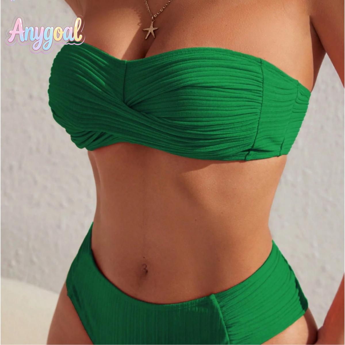 ANYGOAL Women Bandeau High Waisted Bikini Sets Smocked Swimsuit Strapless Two Piece Bathing Suit swimsuits 2026 women tankini swimsuits bathing suits flattering fortummy summer swimwear