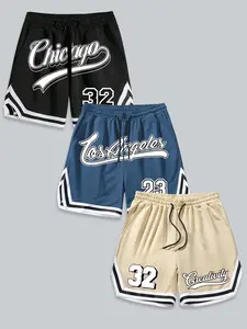 Men's 3-piece color blocked sports shorts Chicago&23 pattern printed clothing, loose and breathable fabric, elastic drawstring waist, retro streetwear, suitable for basketball, casual daily commuting, and summer outings, Cool sports shorts