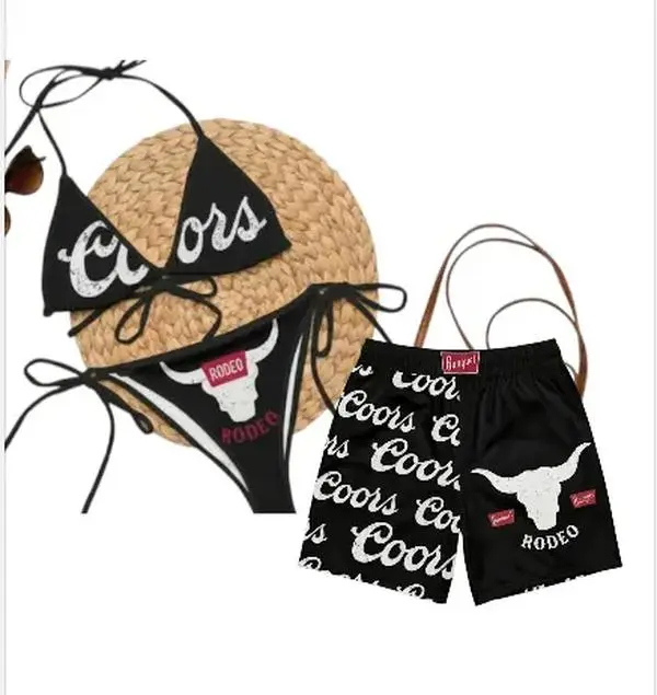 Coors Couples Matching Swimwear Set - Women's Tie-Side Thong Bikini, Men's Hawaiian Beach Shorts, Summer Vacation Aloha Outfit